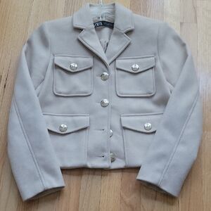 Zara Cream Military-Style Wool Blend Jacket with Silver Buttons